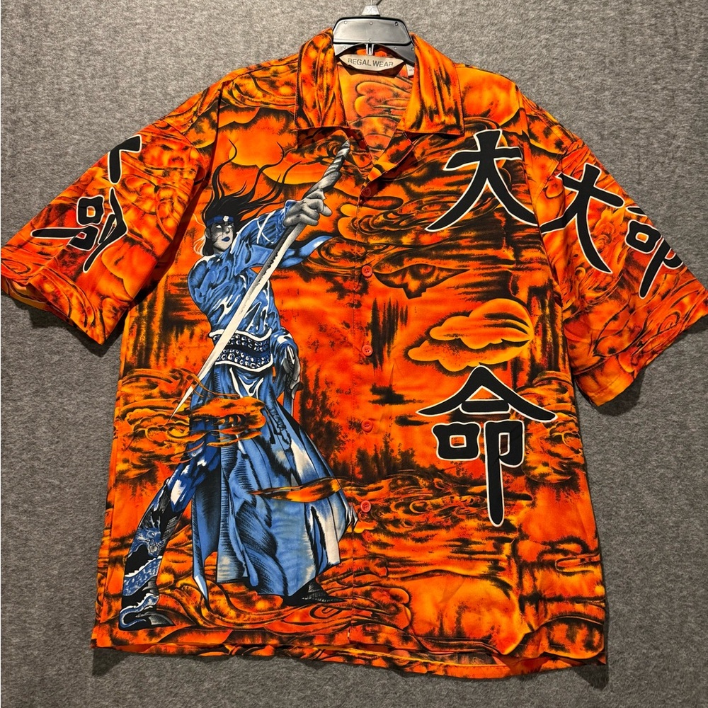 Regal Wear Samurai Graphic Shirt mens XL bright orange Anime Y2K button up Japan